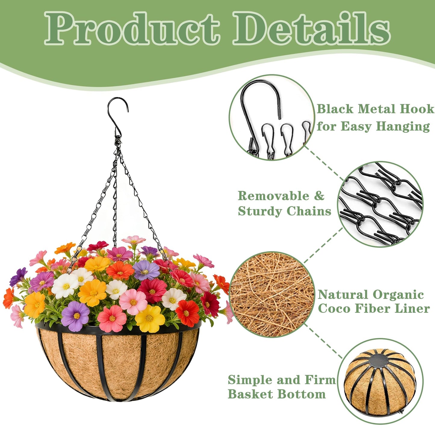 Black Flat Iron Metal Hanging Planter Basket with Coco Coir Liner(4 Pack, 16 Inch) Hanging Planters for Outdoor Plants Round Plant Flower Pots Hanging Flower Basket for Outdoor Patio Garden Decoration