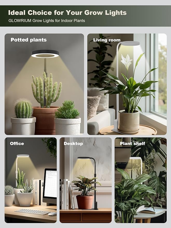 GLOWRIUM Smart LED Grow Lights for Indoor Plants G4, 12W Full Spectrum 3500K with Grow lamp, Bluetooth App Control, 10-Level Dimming, Gooseneck, Height Adjustable 16"-23", Auto Timer, (White 12W)