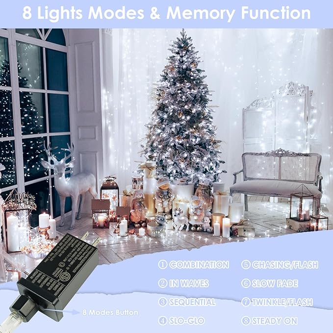 33Ft 100LED Fairy Lights Plug in, Waterproof String Lights Outdoor & Indoor 8 Modes with Timer, Christmas Light Bedroom Decor, Twinkle Light for Girl's Room Garden Christmas Decorations (Cool White)