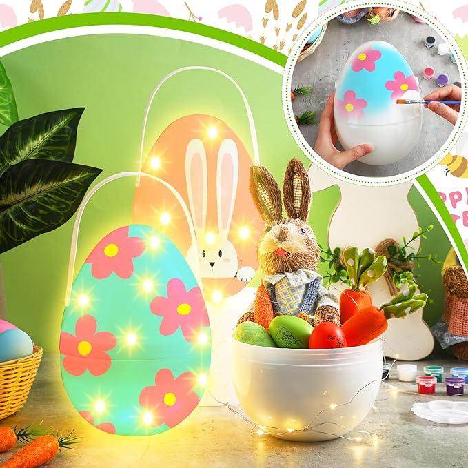 8 Sets Jumbo Easter Egg Plastic Fillable 10 Inch Giant Paintable Eggs with Handles Large White DIY Containers Paint Your Own Egg Lamp Kit for Easter Decor Basket Stuffers Fillers