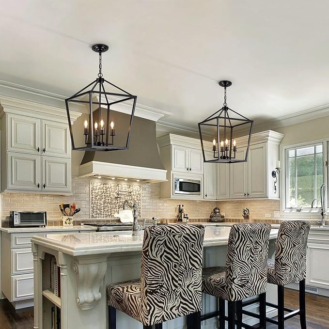15.75" Black Farmhouse Chandelier for Dining Room, 4-Light Lantern Pendant Light Fixture Industrial Vintage Iron Cage Hanging Light for Entryway Kitchen Island Foyer