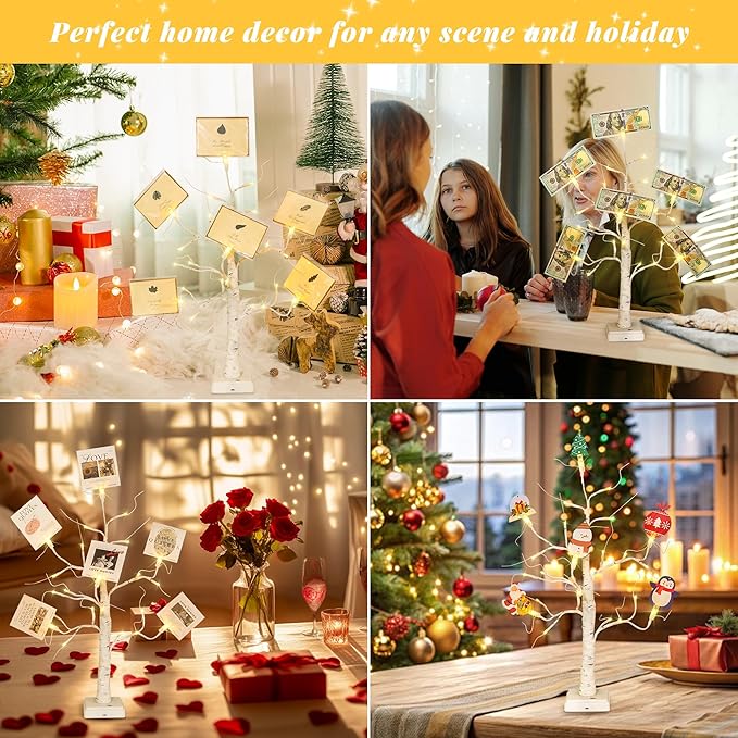 Woohaha 2FT Money Tree Gift Holder,24LED Lighted Birch Tree Table Centerpiece,Gift Card Tree Battery/USB Powered with 6 Clips and 6 Greeting Cards for Easter Decor,Party,Wedding,Birthday,Graduation