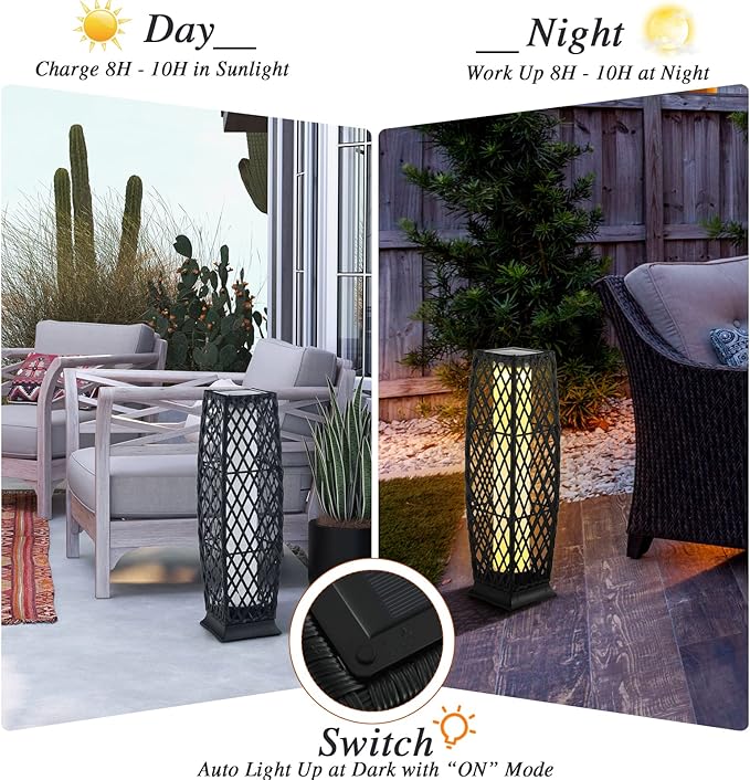 Tangkula 2 Pieces Outdoor Solar Powered Floor Lamps, IP65 Waterproof Wicker Floor Lamps with Auto On/Off LED Light, Outdoor Decor Lanterns for Garden Porch Pool Pathway Driveway (Diamond-Black)