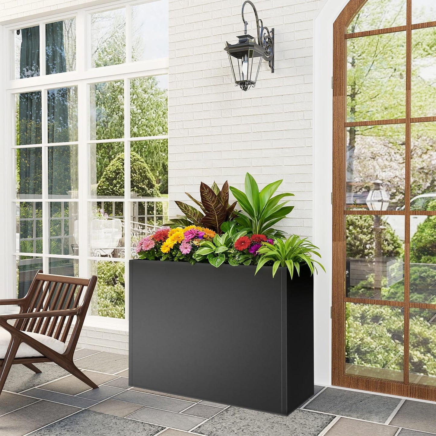 Nessxa Tall Metal Planter Box for Outdoor Plants 38" L x 13" W x 30", Heavy Duty Steel Large Rectangular Planter Box with Removable Insert Shelf, Modern Décor for Tall Plants, Trees, Flowers (Black)