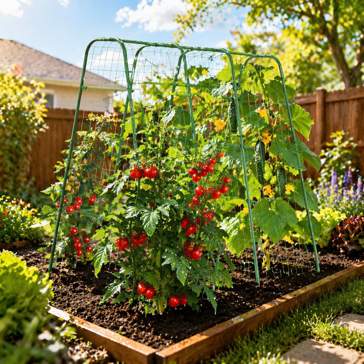Garden Trellis for Cucumbers, 63” Tall Plant Trellis with 16mm Heavy Duty Frame, U-Shaped Arch with Netting, Includes 20 Clips, Metal Climbing Support for Raised Beds & Vegetables