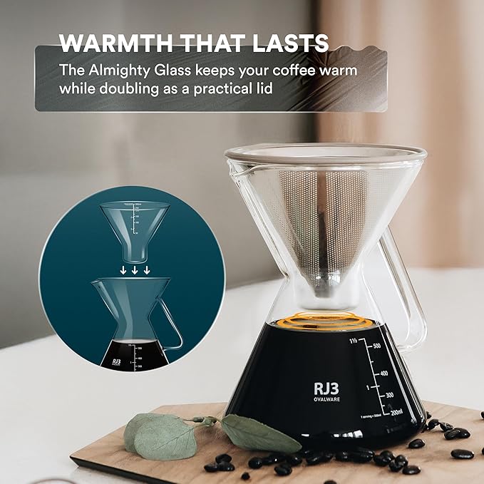 ovalware Pour Over Coffee Dripper Maker Paperless Stainless Steel Filter, Precision Measuring Cup and Carafe with Airtight Cold Brew Iced Coffee Maker Pitcher RJ3 Brewing Glass Carafe