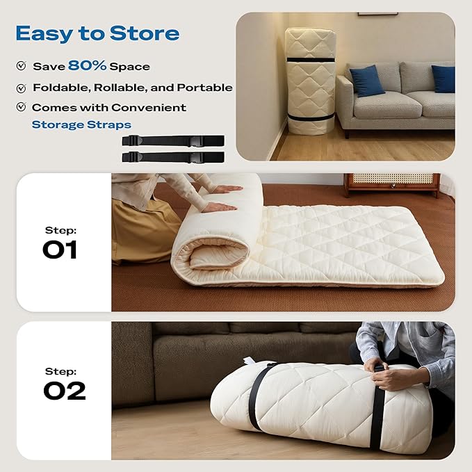 Aircliff Japanese Floor Mattress, Roll Up Tatami Mat, Sleeping Pad, Shikibuton, High Density Foam Floor Bed Futon Mattress for Sleeping, Dormitory, Guest Bed, Designed in Japan(Twin)