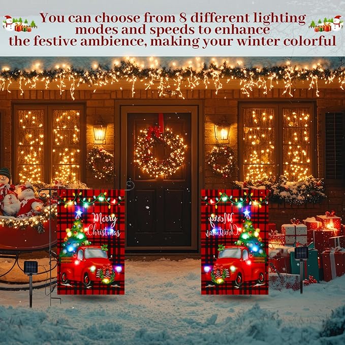 VIHOSE Merry Christmas Lighted Garden Flag 8 Modes Solar Red Truck Christmas Garden Flag LED Double Sided Xmas Tree Red and Black Checkered Yard Banner for Outdoor Lawn Decoration