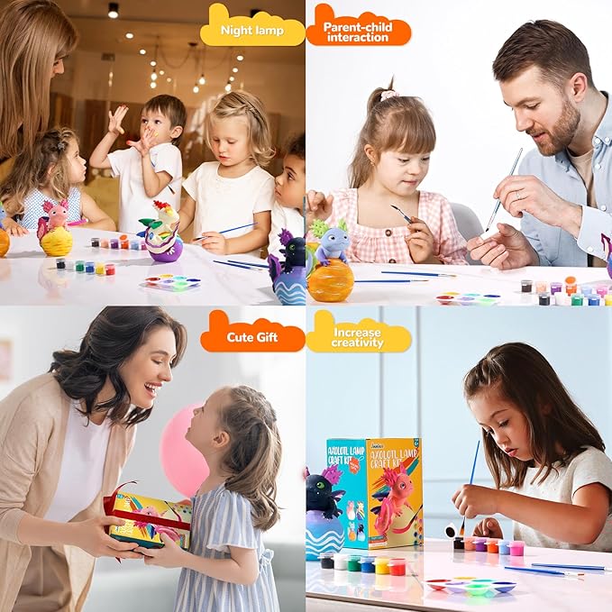 JMMICO Paint Your Own Axolotl Lamp Kit, Axolotl Crafts Night Light, Arts and Crafts for Kids Ages 4-8, Easter Basket Stuffers, Easter Gifts for Girls Boys 6 7 8 9 10 11 12 Years Old 【Upgraded Paints】
