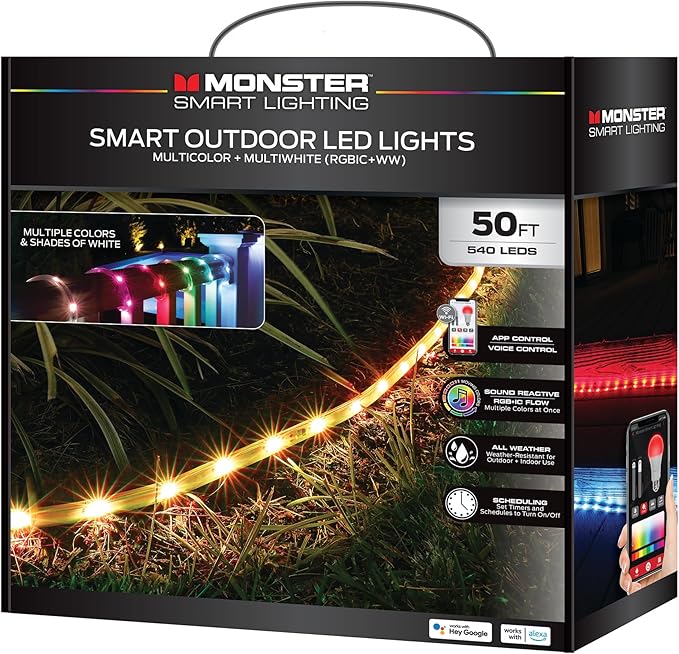 Monster Smart 50 Foot RGB+IC+WW Outdoor LED Light Strip, Sound Reactive, Dimmable, Multicolored & Multi-White, IP44 Waterproof, Weather Resistant, App Control, Compatible with Alexa, Google Home, Siri