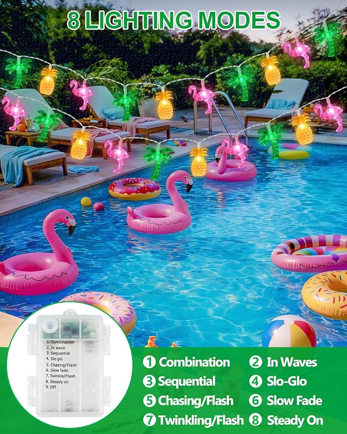 50 LED 25ft Summer Hawaiian Beach String Lights Outdoor with Remote, Flamingo Pineapple Palm Tree Fairy Twinkle Lights Battery Operated with 8 Modes & Timer for Tropical Party Beach Pool Decorations