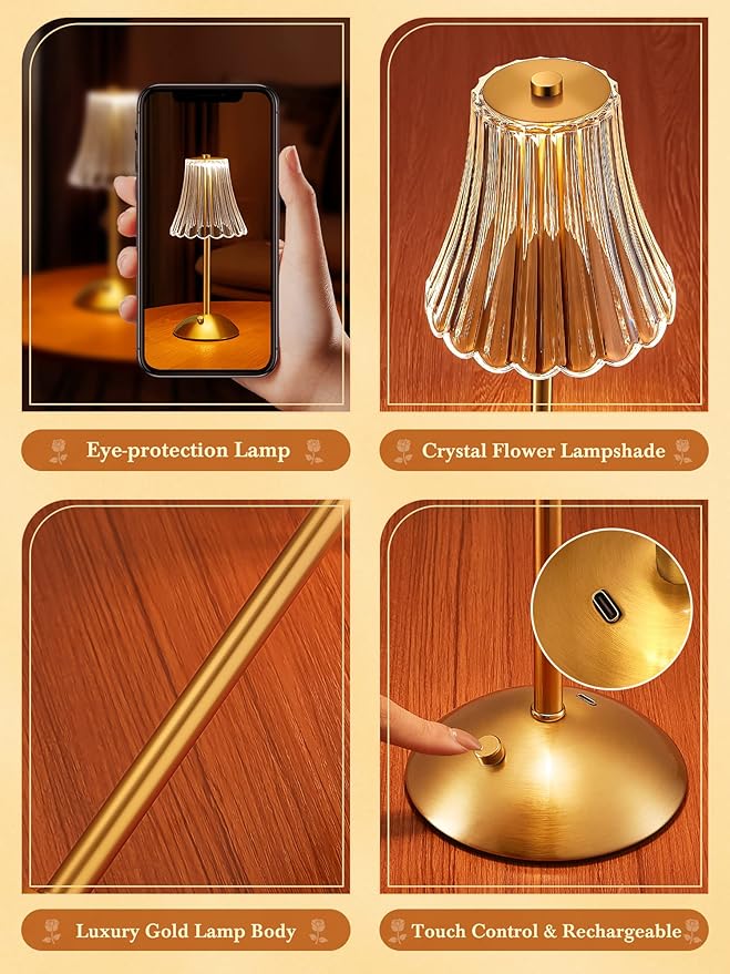 One Fire Gold Lamps Set of 2, 3 Colors Bedside Lamp Set of 2, Dimmable Bedroom Lamps Vintage Lamp,Rechargeable Nightstand Lamp, Table Lamp for Bedroom Living Room Bathroom Hotel Bar