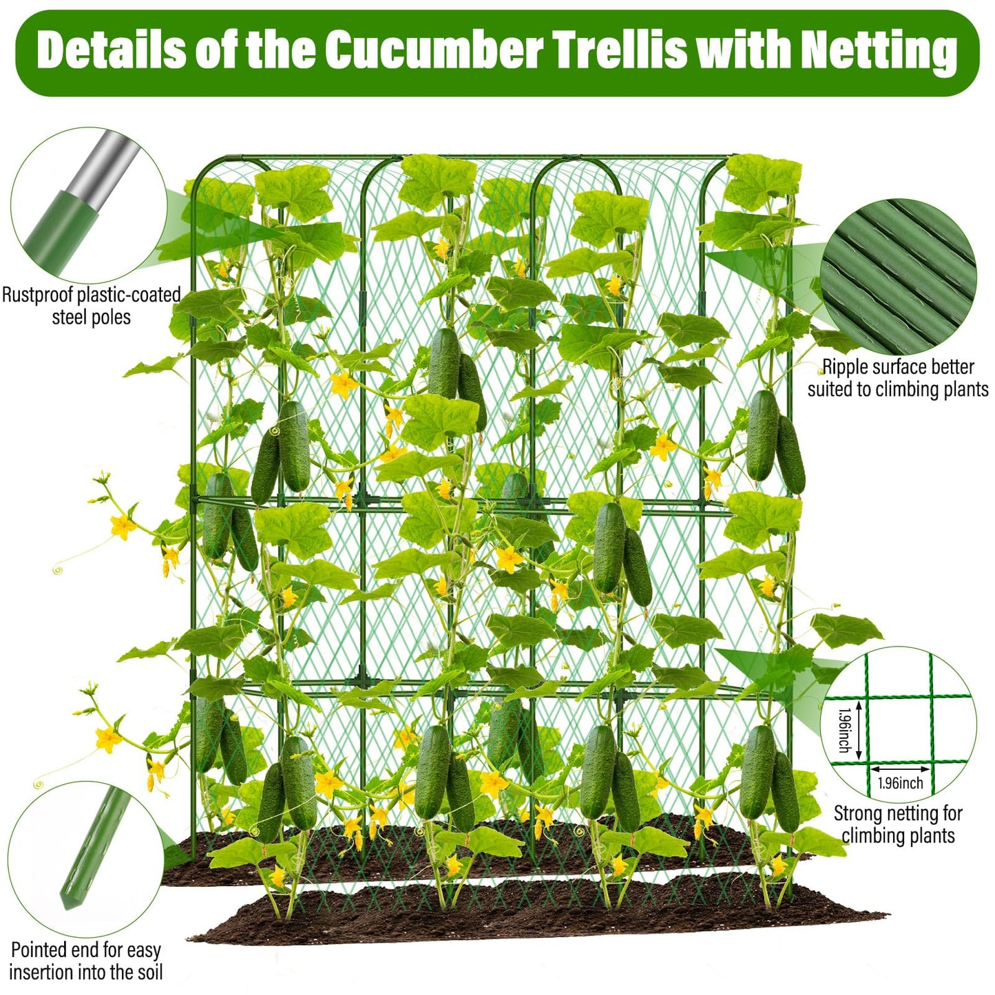 Cucumber Trellis for Raised Bed, Tall Metal Garden Trellis for Climbing Plants Outdoor with Netting, Gloves, Garden Tools, Trellis for Vegetables Plant Support Peas Fruit Flower Grape