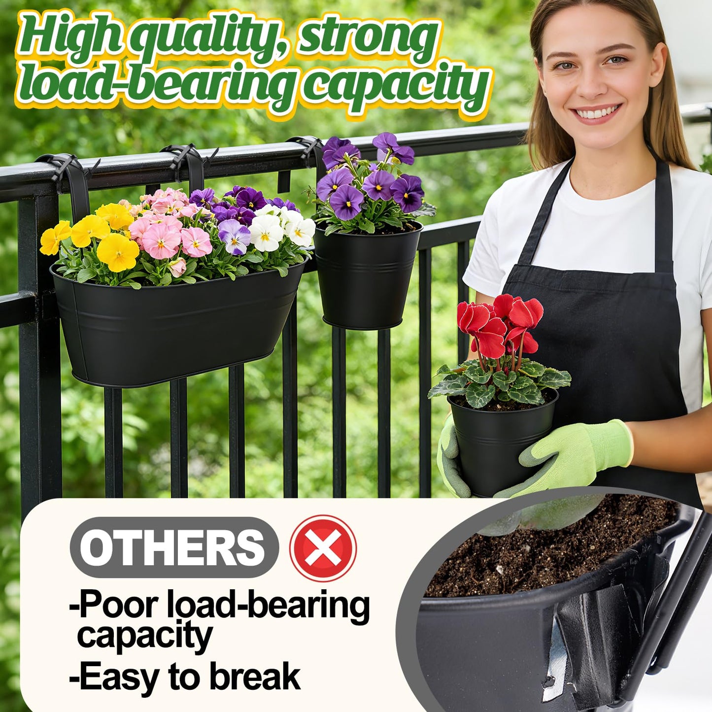 MADHOLLY Railing Planter with Drainage - 10.8" & 5.1" Bucket Pots for Balcony Railing, Metal Iron Hanging Flower Pots for Herb Planter Outdoor Deck & Rail Decor with Hook, Black (3Pcs)