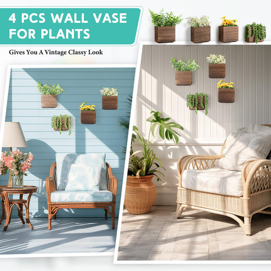 Qinyoung 4 Pack Wood Wall Planters Natural Hanging Plant Pots 5.5 x 5 Inches Natural Farmhouse Wall Hanging Decor Vase for Indoor Dried Flowers and Faux Greenery