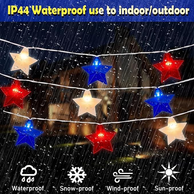 Red White Blue Stars String Lights, 8.5Ft 4th of July Decorations Lights with 10 Red White Blue Lights, Plug in Stars String Lights Outdoor for Independence Day Memorial Patriotic Party Gift Decor