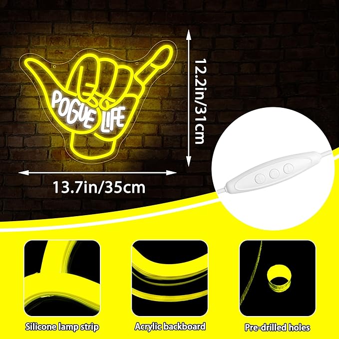 Pogue Life Neon Sign for Wall Decor Pogue Neon Light for Man Cave Dimmable Led Light Sign for Beach Bar Beach Party Teen Room Game Room Bedroom Pub Decor Birthday Gifts Size 13.7 * 12.2 In(TWP316)