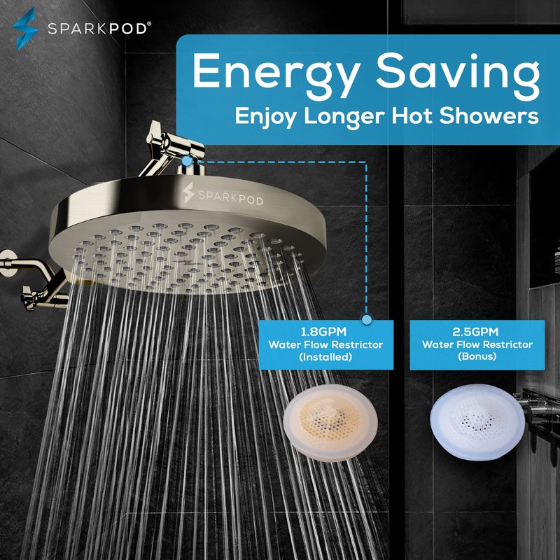 SparkPod Shower Head - High Pressure Rain - Premium Quality Luxury Design - Easy Clean Adjustable Replacement for Your Bathroom Shower Heads (Elegant Brushed Nickel, 8 Inch Round)