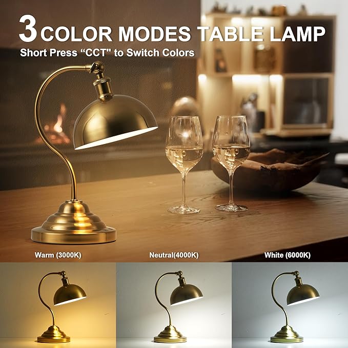 Cordless LED Table Lamp Set of 2, Battery Operated Desk Lamps with Swing Arm & Plastic Shade, Vintage Small Rechargeable Dimmable Light for Bedroom, Living Room, Nightstand, Brass