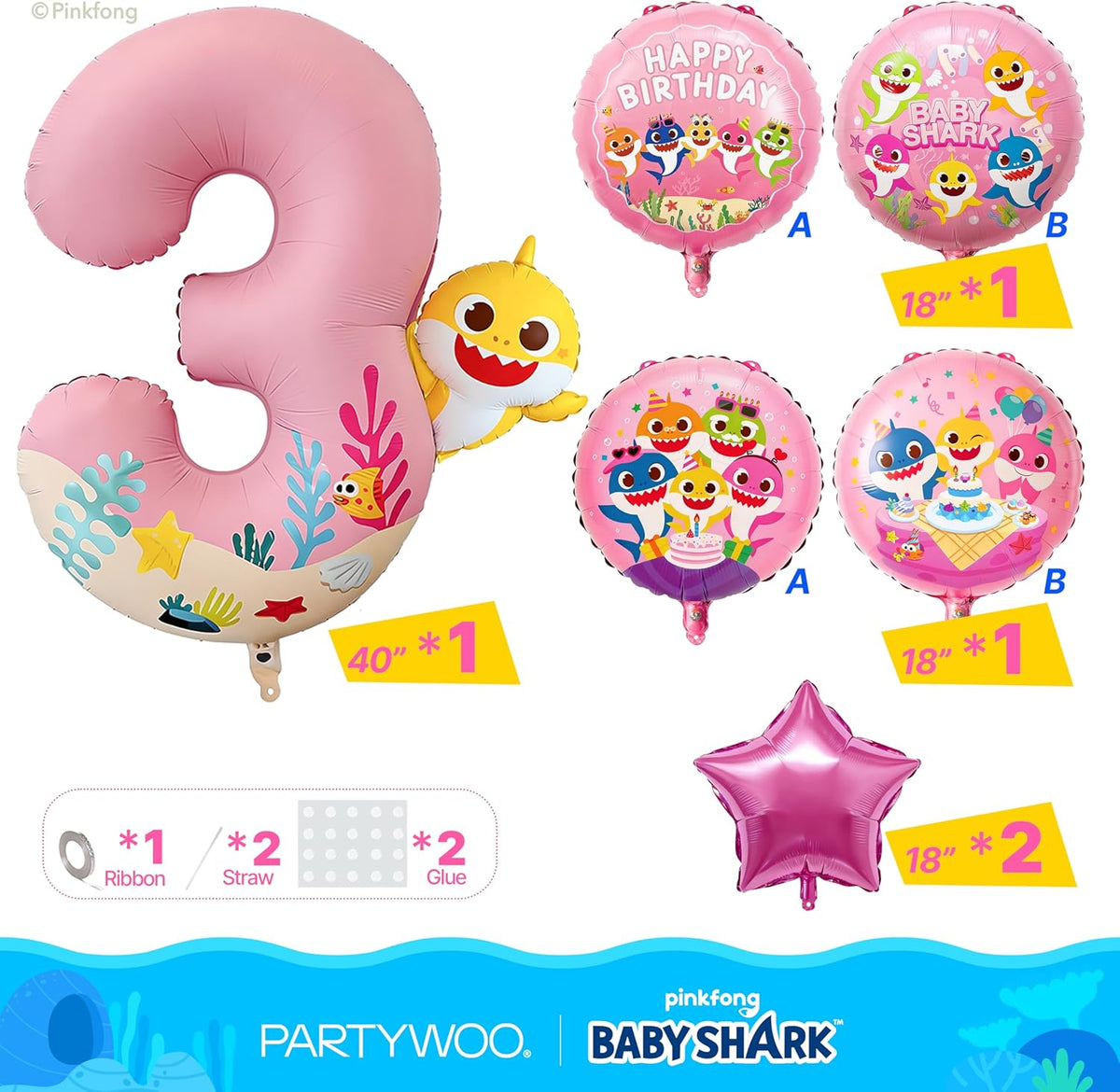 PartyWoo Baby Shark Pink Foil Number 3 Balloon - 5pcs 18-Inch Mylar Helium Birthday Decorations for Kids