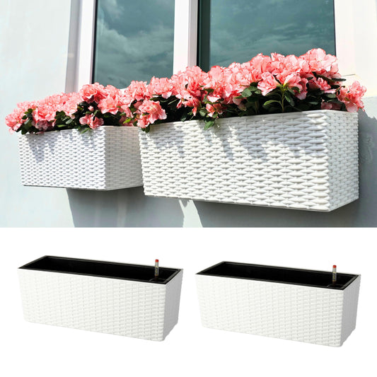 LaLaGreen Window Boxes Planters (20 Inch, 2 Pack) Outdoor Wall Hanging Flower Box with Bracket, Vertical Wall Mounted Self Watering White Rectangular Plant Container Modern Garden Herb Kitchen Indoor