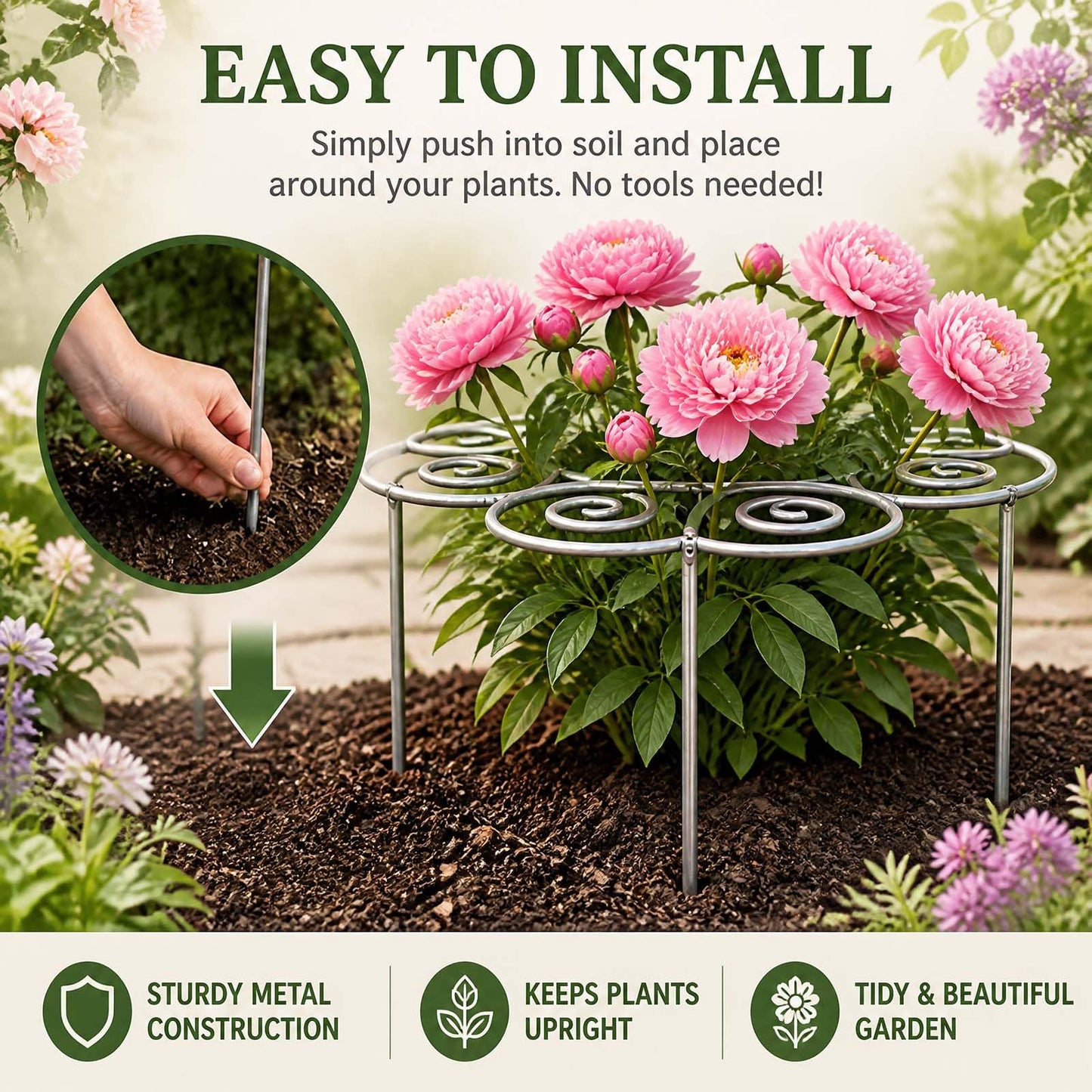 Peony Cages and Supports,Rustproof Weather-Resistant Metal Plant Support Stakes for Indoor Outdoor Garden Lawn Patio,Half-Round Grow Through Cage Ring for Peony,Hydrangea,Rose,Tomato (Small)