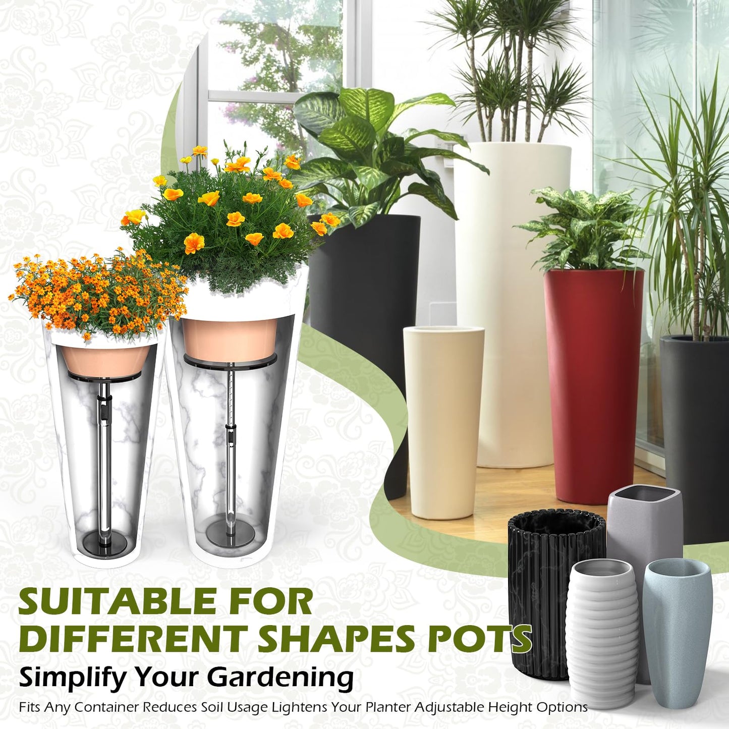 Hazztoll Adjustable Plant Risers for Inside Pot, Planter Insert for Large Container, 19.5-32'' Rise Filler Riser of Tall Flower Bed, Metal Lift Insert for Tall Taper (6 “8“10” Base or Top)