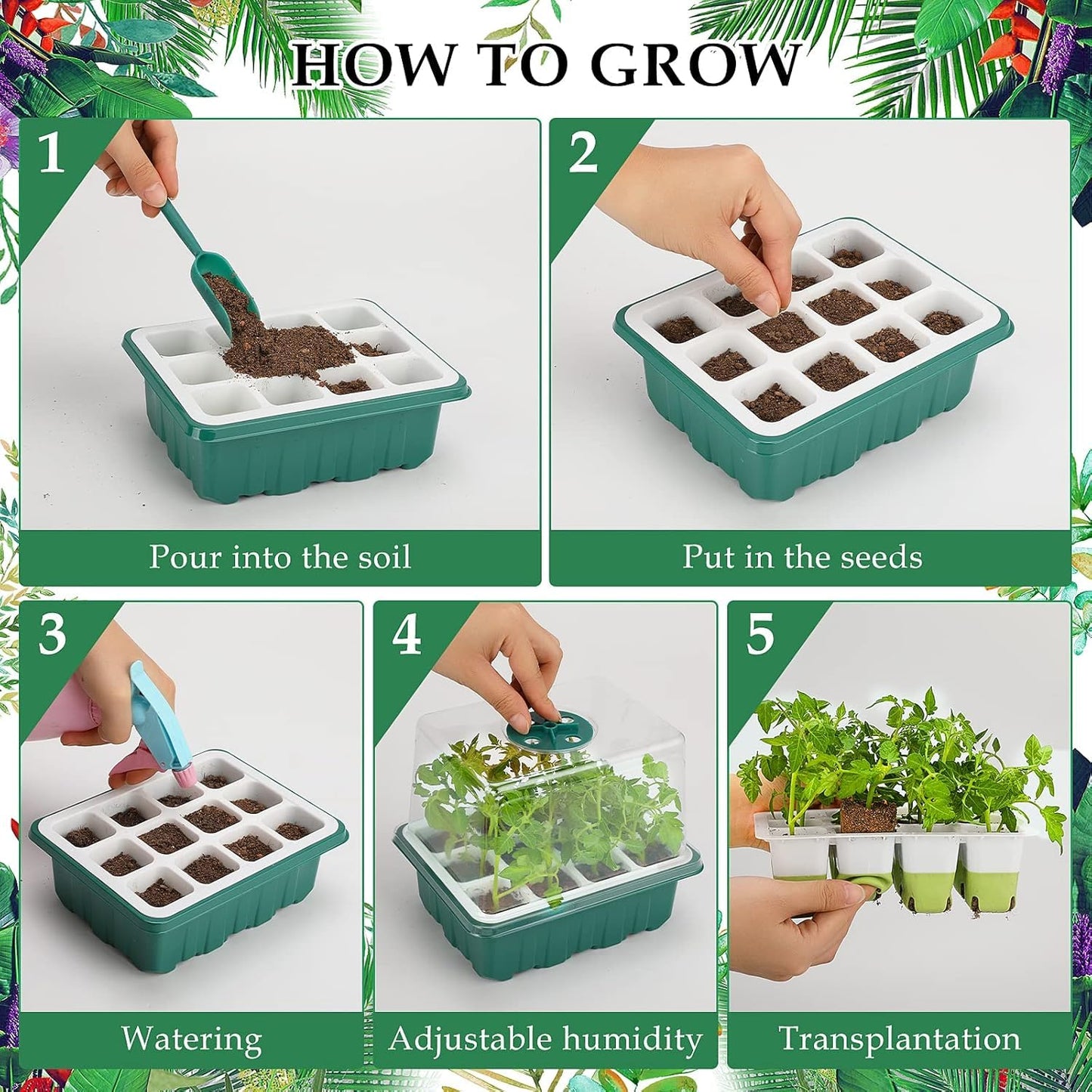 Seed Starter Tray with Grow Light, 48 Cells Indoor Seed Starter Kit, Flexible Silicone Seedling Starter Trays, Germination Tray Kit with Humidity Dome & Lids(4in Height), Reusable & Dishwasher Safe
