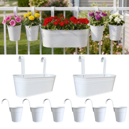 LaLaGreen 17 Inch Rail Planter (8-PIECE COMBO SET) White Large Metal Hanging Railing Fence Flower Pots, Modern Balcony Gardening for Apartment Garden Style Iron Patio Planters Outdoor Deck Decorations