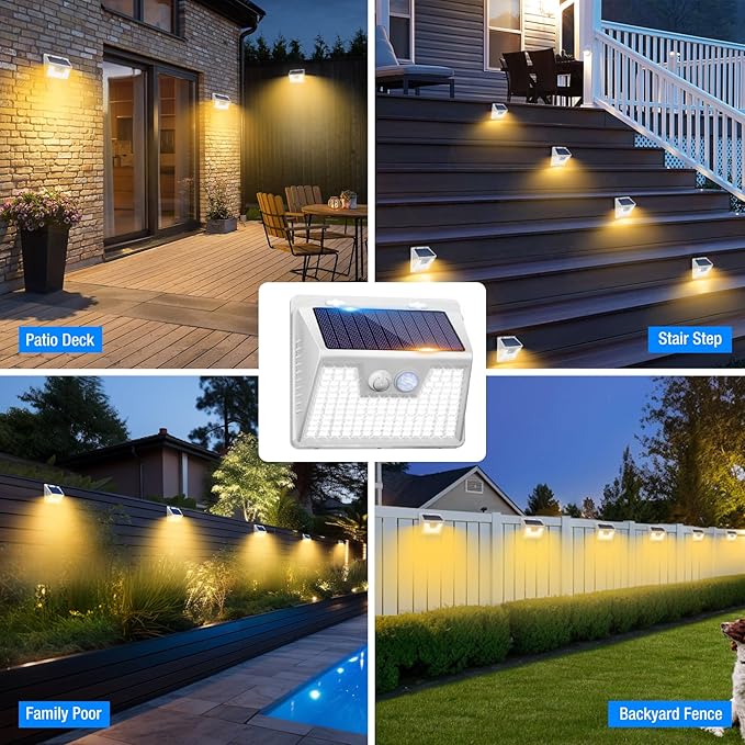 Peasur Solar Lights Outdoor Motion Sensor, 12Pack 140LED Waterproof Solar Powered Fence Lights, 3 Modes Solar Security Wall Lights for Garden Yard Outside(Warm White)