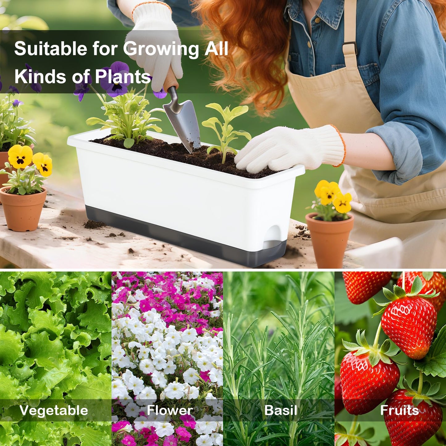 Window Box Planter 4 Packs, 17 Inches Rectangle Flower Pots with Drainage Holes & Trays, Pots for Vegetables, Herbs, Flowers, Garden Windowsill Balcony (White, 17 * 5.1 * 6 inch)