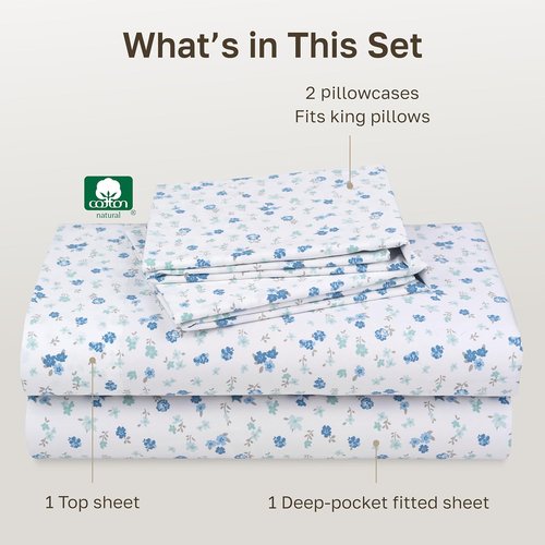 California Design Den King Size Cotton Sheet Set - 100% Soft, 400 TC, Award-Winning Sateen Finish | Floral White/Blue