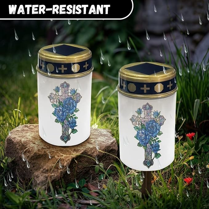 Light for Prayer Cemetery Solar Lights for Grave Cemetery Decor Candle Lamp Cross Blue Rose Grave Solar Lights Garden Cemetery Decor Memorial Gift