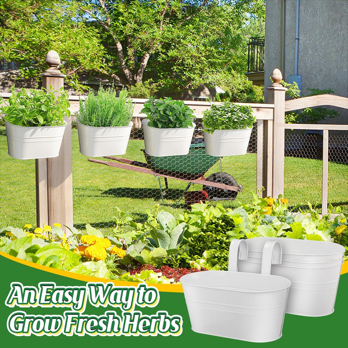 MADHOLLY Railing Planter with Drainage Holes - Sturdy Bucket Pots for Railing Fence, Countryside Style Metal Flower Pots for Herbs Balcony Garden Yard Decor, 4Pcs, White