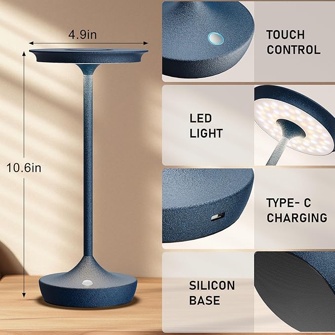 LED Cordless Table Lamps Rechargeable - Outdoor 6000mAh Battery Operated Portable Tables Light 3 Color Stepless Dimming Lamp with Memory Function for Patio Restaurant Dining Blue