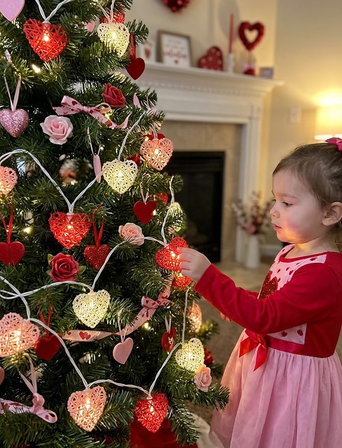 Red Pink and White Heart Shape String Lights, 8.5Ft Valentine's Day Decorations Lights with 10 LED Heart Light Bulbs, Hanging Window Fairy Lights for Indooe Outdoor Wedding Anniversary Valentine Decor