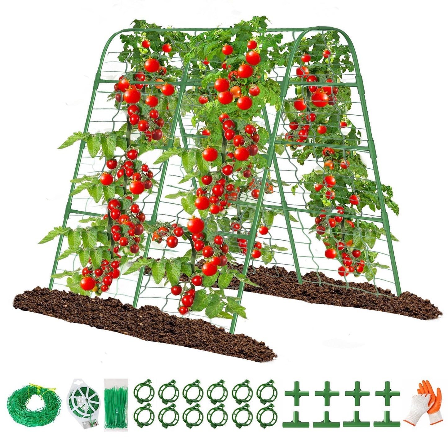 63" Tall Garden Trellis for Raised Bed Metal U-Frame Arch Tunnel Tomato Cage Plant Stakes Support with Garden Netting for Cucumber,Grapes,Peas, Zucchini,Vine,Bean,Flowers
