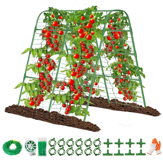 63" Tall Garden Trellis for Raised Bed Metal U-Frame Arch Tunnel Tomato Cage Plant Stakes Support with Garden Netting for Cucumber,Grapes,Peas, Zucchini,Vine,Bean,Flowers