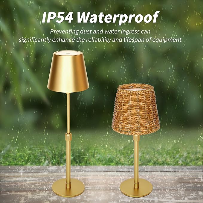 Mr.White Outdoor Waterproof Rechargeable Cordless Table Lamp with Telescopic Pole & Wicker Shade, 5200mAh Battery Operated Table Light with Touch Control, for Patio Restaurant Kitchen (Gold 2 Pack)