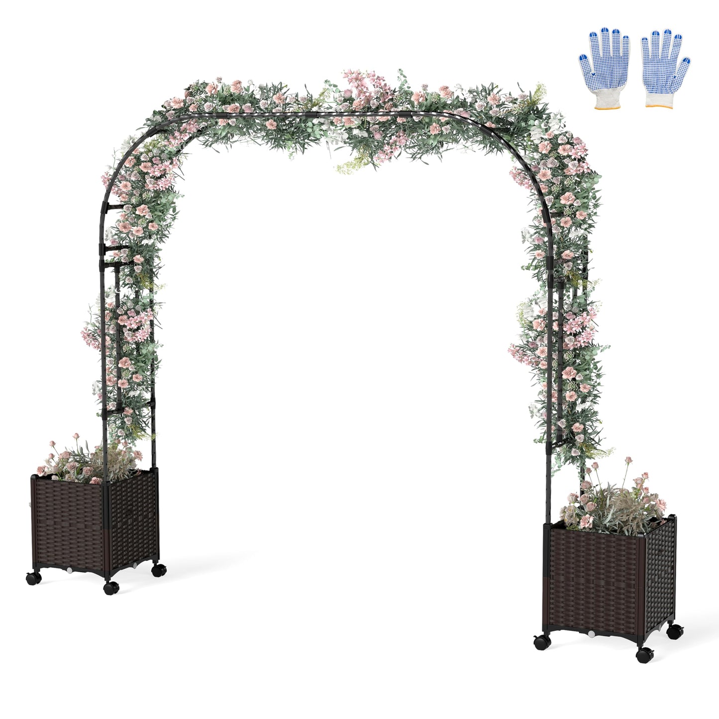 Giantex 6.6 FT Garden Arbor with Planter Boxes, Arch Trellis for Climbing Plants, Self-Watering System, Drainage Design, Lockable Wheels, Outdoor Metal Archway for Backyard, Patio, Wedding Decor