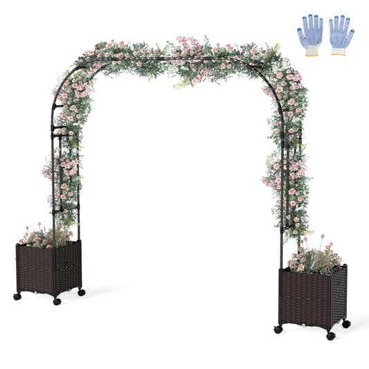 Giantex 6.6 FT Garden Arbor with Planter Boxes, Arch Trellis for Climbing Plants, Self-Watering System, Drainage Design, Lockable Wheels, Outdoor Metal Archway for Backyard, Patio, Wedding Decor