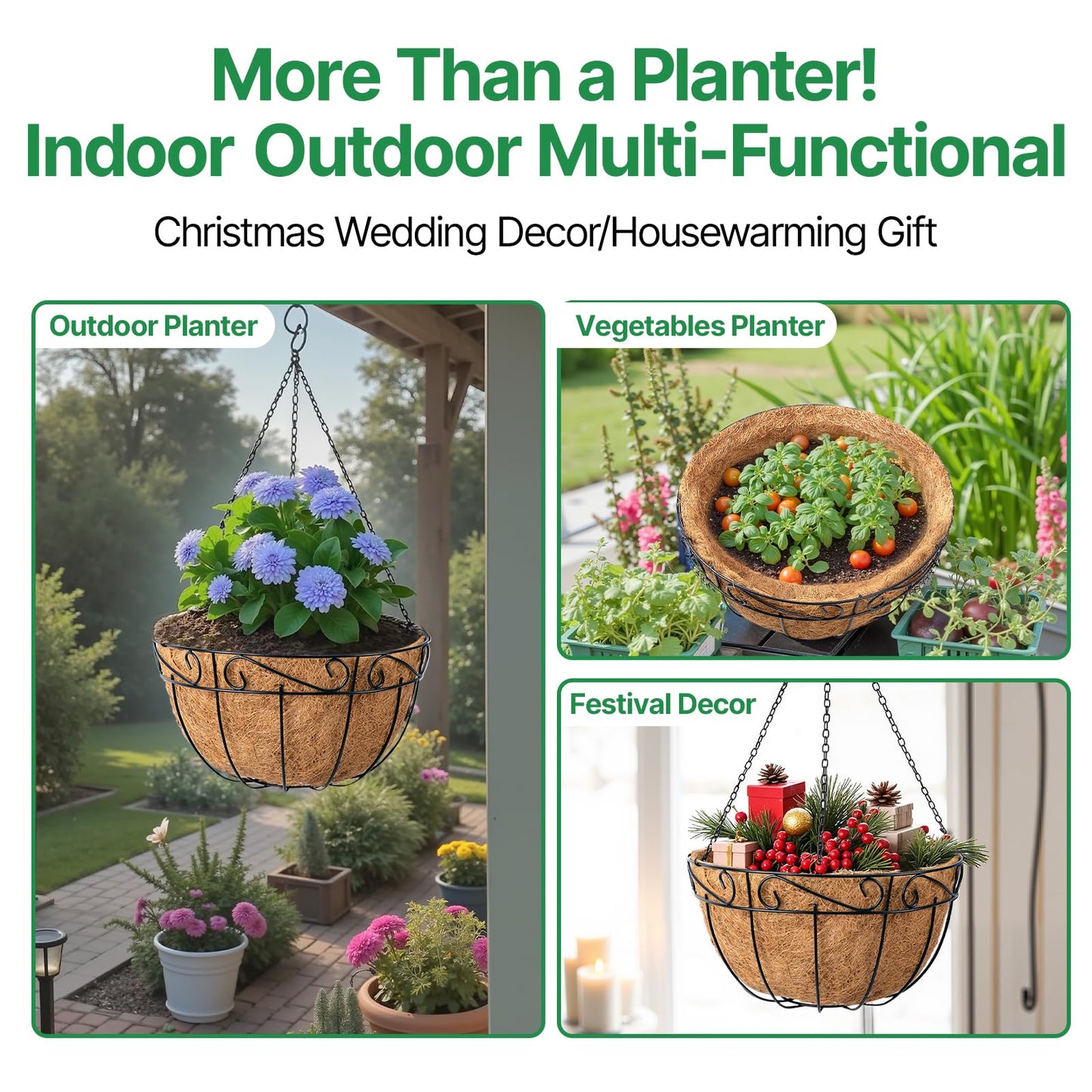 AMAGABELI GARDEN & HOME 4 Pack 15 Inch Metal Plant Hanging Baskets Planter Flower Pots Outdoor Indoor Wire Hanging Basket for Vegetable with Coco Fiber Liners for Garden Home Porch Decor