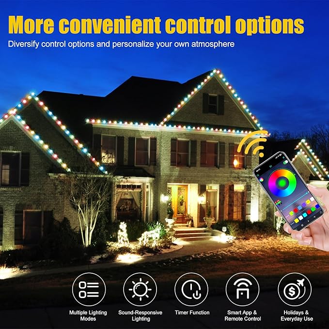 50FT Permanent Outdoor Lights, Waterproof 2-in-1 Eaves & Ground Stakes LED String Lights with App/Remote Control for House, Garden– Smart Color-Changing Lighting for Halloween Christmas Decorations