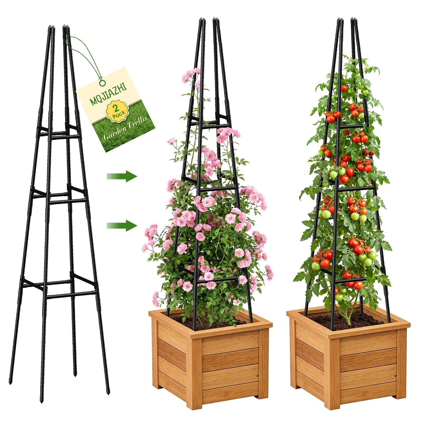 MQJIAZHI Garden Obelisk Trellis for Climbing Plants Outdoor, 63 Inch Height Adjustable Gardening Trellis, Steel Plastic Coated Plant Support for Indoor & Outdoor Multiple Climbing Plants(1PCS)