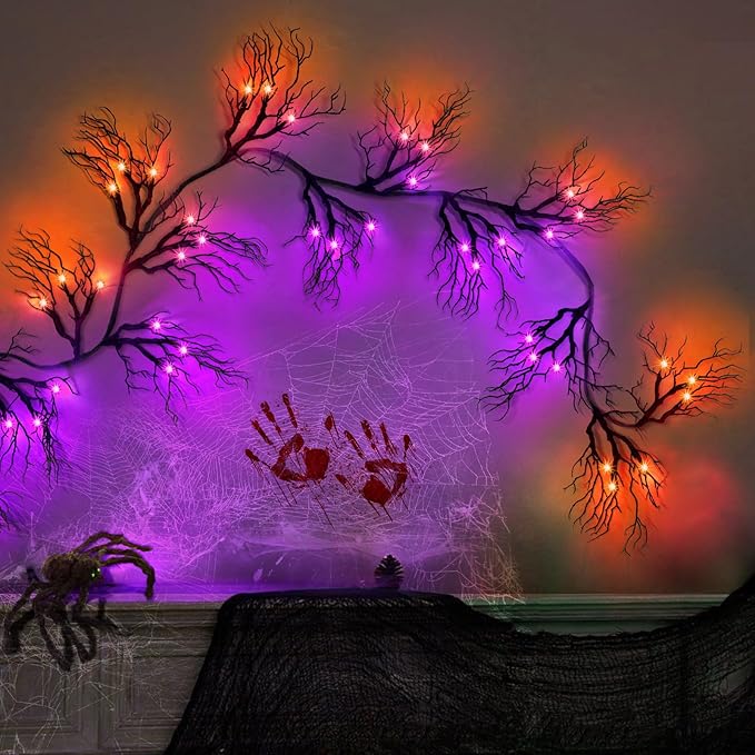[ 8 Modes & Timer ] 6 Ft 45 LED Halloween Willow Vine Twig Garland Decorations Orange & Purple Lights, Battery Operated Waterproof Halloween Decorations for Home Wall Fireplace Mantle Decor