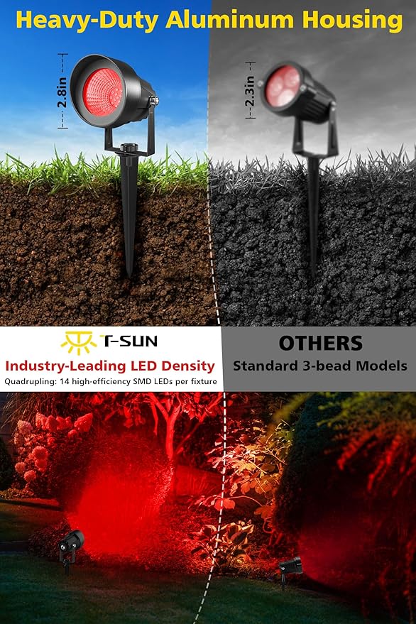 T-SUN Red Spotlight Outdoor, Waterproof LED Landscape Lighting with US Plug, Easy Install 270° Adjustable Outdoor Spot Lights for Garden Tree Yard Decor