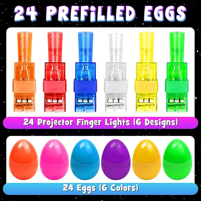 24 Prefilled Easter Eggs with Finger Lights Egg Fillers, Easter Basket Stuffers Gifts for Toddler Kids Teens Plastic Glow In The Dark Easter Eggs Filled Toys for Kids Boys Girls Party Favors Egg Hunt