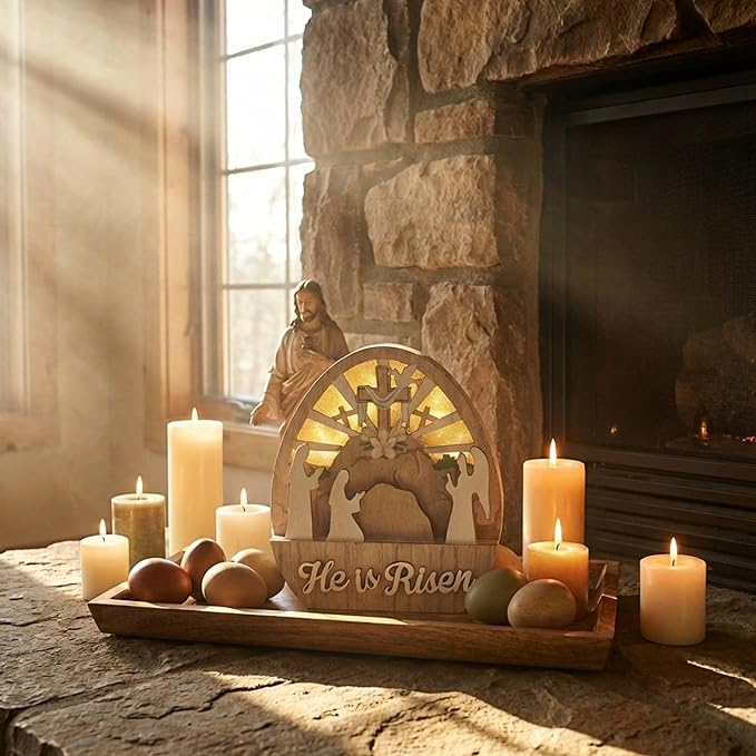 Valery Madelyn Easter Decorations with LED Light, Lighted Empty Tomb Scene and Cross Decoration, Wooden Christian Easter Decor Resurrection Scene for Home Table Shelf, 8.0 inch