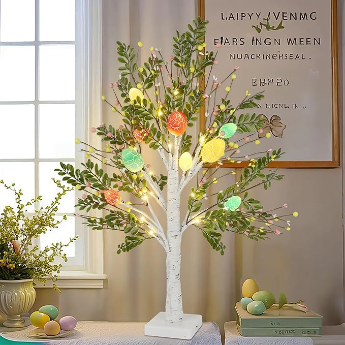 DR.DUDU 27 Inch Easter Decor for Home – 2 Pack Lighted Easter Trees, Light Up Birch Trees with Easter Egg, Tabletop Spring Decor for Mantel Indoor Office