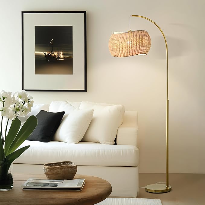 Brightech Wave Arc Floor Lamp - Chic Standing Lamp with Unique Hanging Wicker Pendant Shade for Living Room, Boho Rattan Natural Decor Lamp, Arcs Over Sofa, Bedroom & Office Desk for Reading - Brass